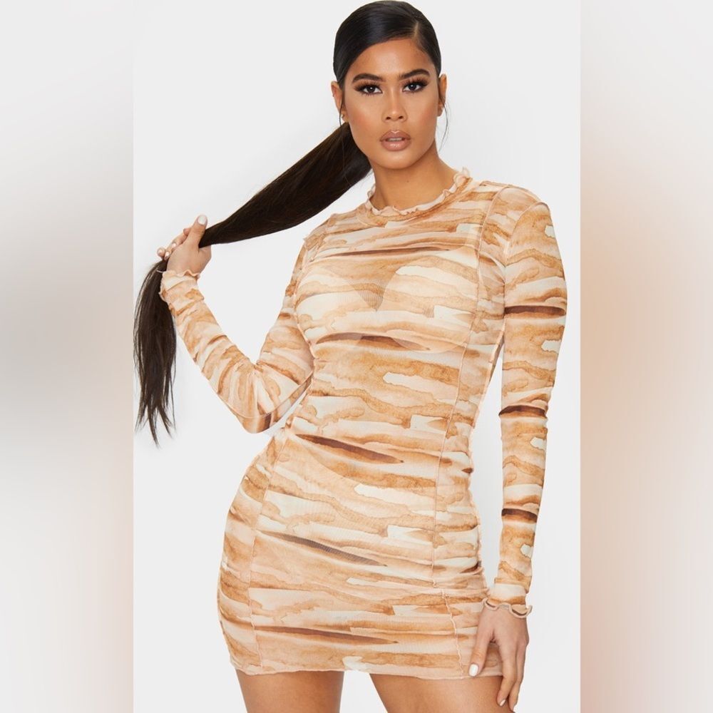 PrettyLittleThing Sheer Dress Cover up Tan Tie Dye Mesh Frill Edge Marble Sz 8